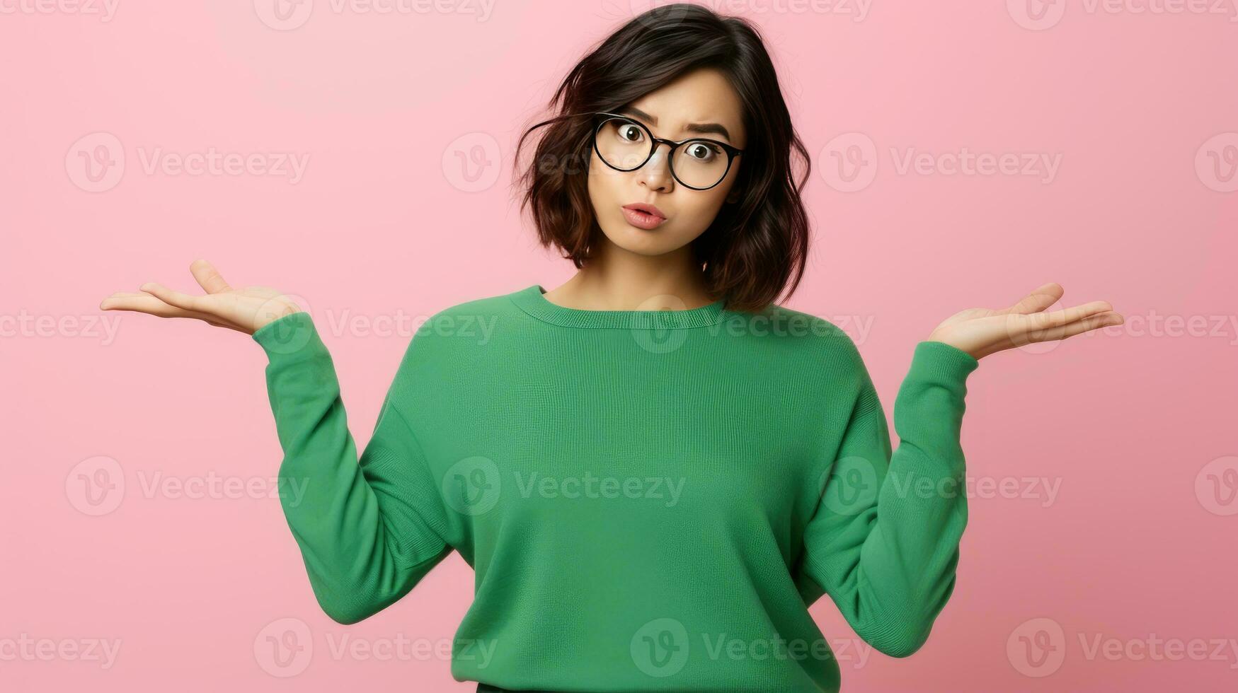 AI generated Asian Woman Expressing Confusion and Uncertainty, Isolated on Pink Background. Clueless Gesture. Asian Woman Shrugging Shoulders, Expressing Hesitation photo