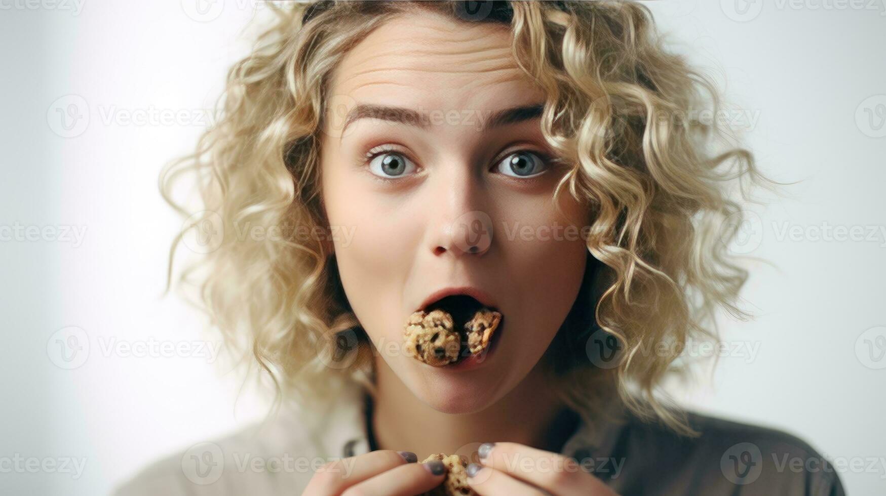 AI generated Savoring the Moment. Woman Relishing Chocolatey Cookie Snack. Enjoying Every Bite. Curly Haired Woman Delights in Chocolate Cookie. This kind of snack is bad for your health. photo