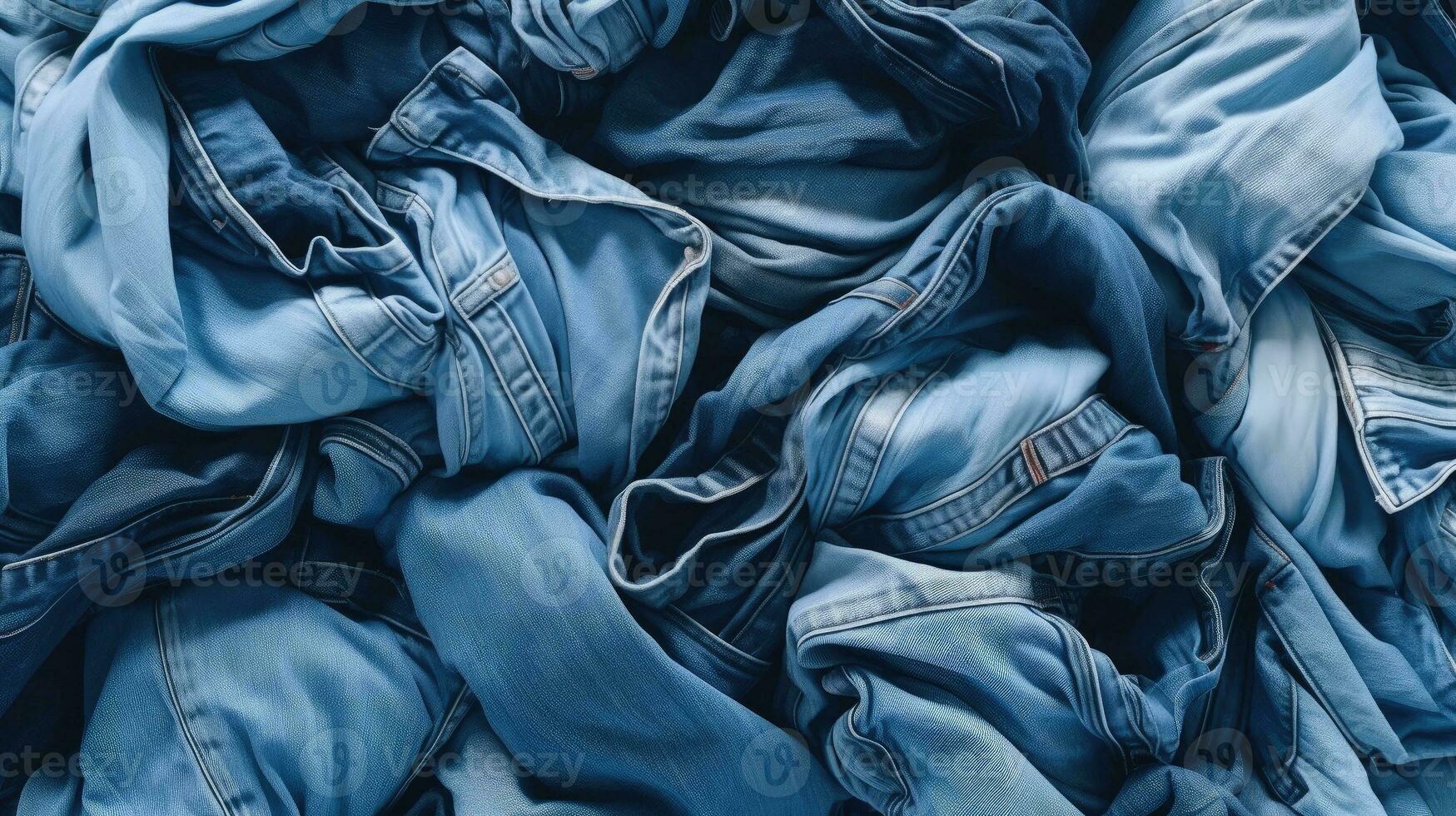 AI generated Assorted Denim Stack - Top View of Crumpled Blue Jeans as Background. Fashion Display with Textured Folded Denim Variety. Clothing Selection and Texture Concept for Design and Marketing photo