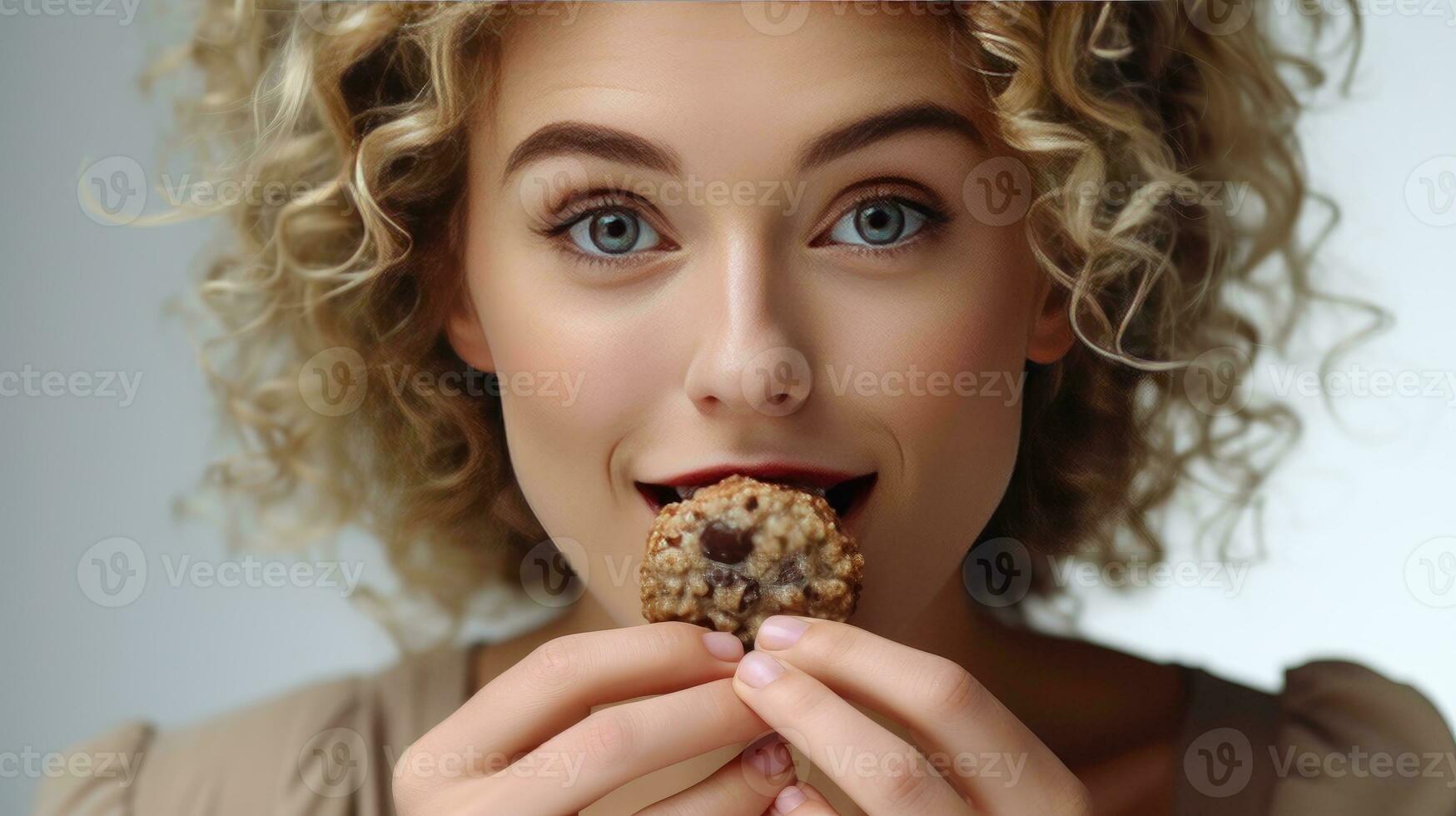 AI generated Curly Blonde Woman Enjoying Chocolate Cookie Snack. Tempting Treat. Woman with Curly Hair Savoring Chocolate Bites on Cookie. This kind of snack is bad for your health. photo