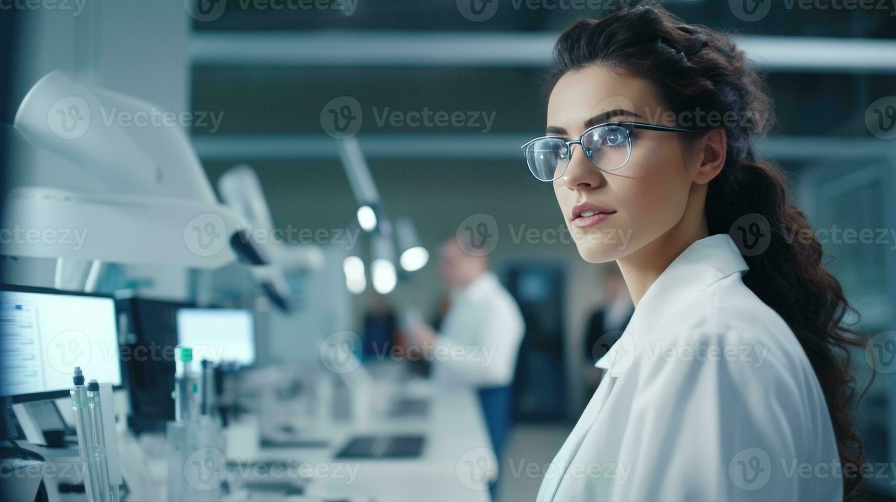 ai generado profesional diversidad. mujer en tecnología y gestión, de emprendedor espacio de trabajo, científico en moderno laboratorio con especialista equipo, lugar de trabajo evolución, de cuello blanco estilo de vida concepto foto