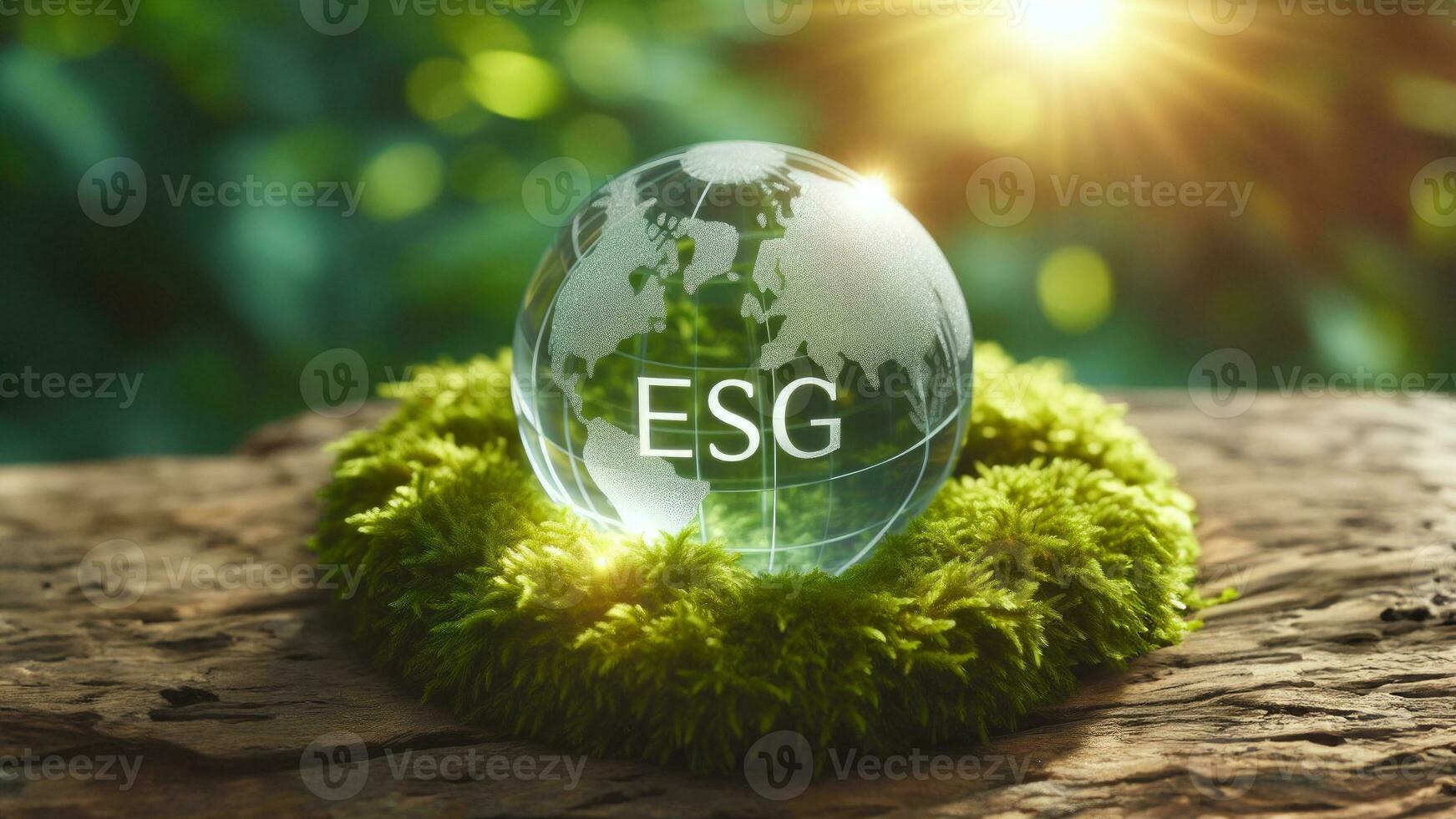 AI generated Crystal globe placed on moss. ESG icon. Concept for environment. Society and Governance sustainable global environment concept photo