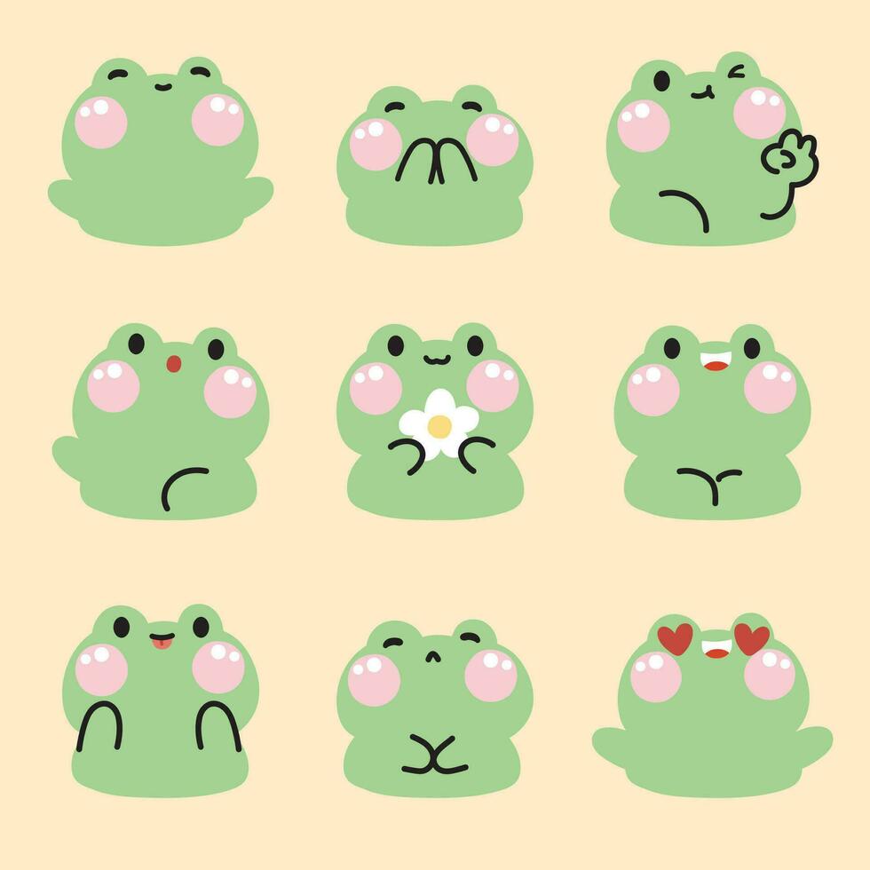 Set of cute frog face in various poses feeling on pastel background.Reptile animal character cartoon design.Hand drawn collection.Kawaii.Vector.Illustration. vector