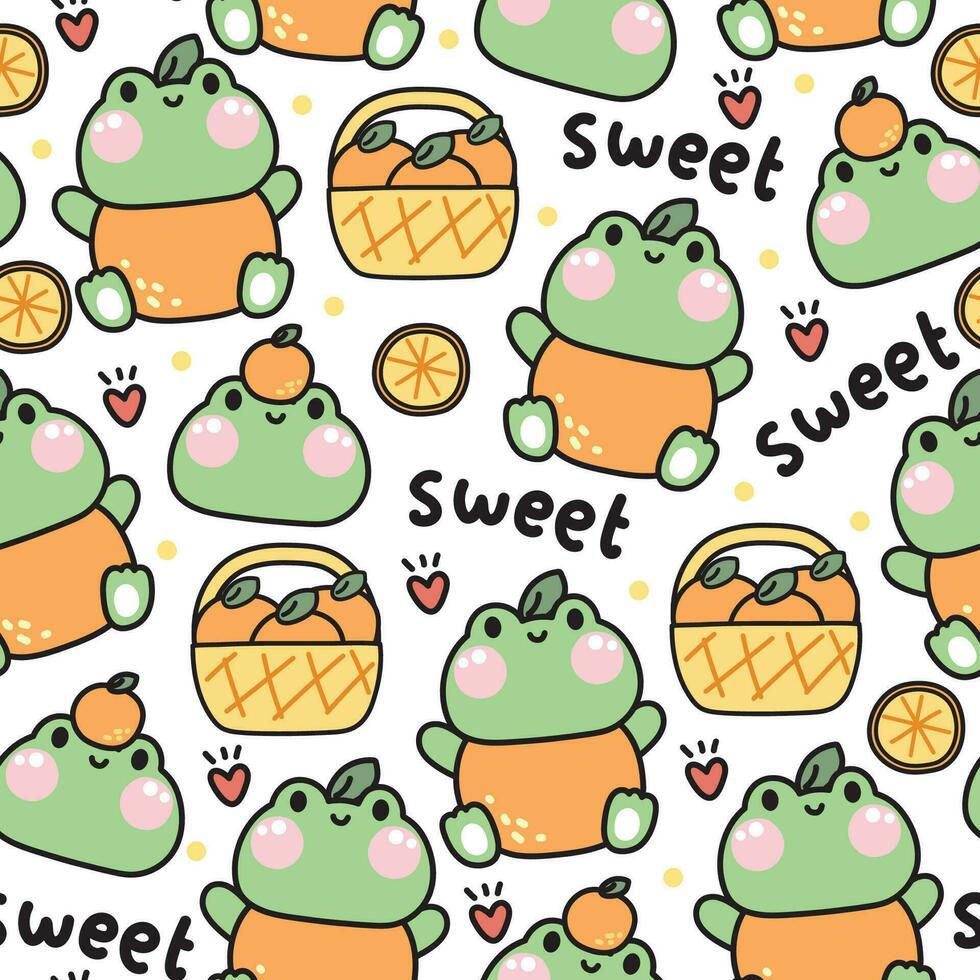Seamless pattern of cute frog with orange and heart on white background.Reptile animal character cartoon design.Spring season.Fruit.Kawaii.Vector.illustration. vector