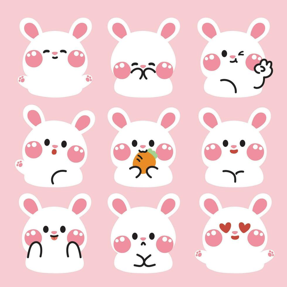 Set of cute rabbit in various poses feeling on pink background.Rodent animal character cartoon design.Bunny hand drawn collection.Kawaii.Vector.Illustration. vector