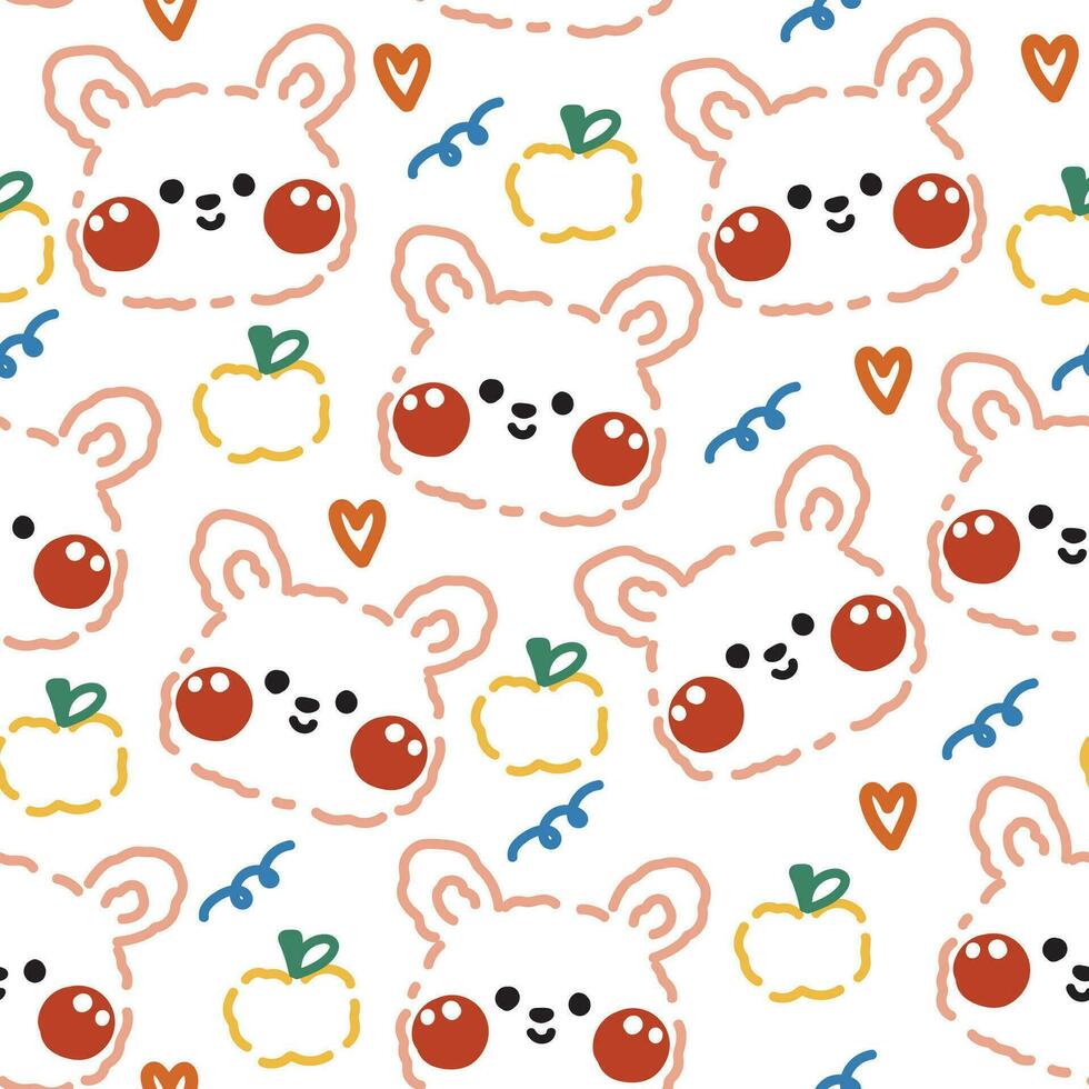 Seamless pattern of cute rabbit line hand drawn with apple and heart on white background.Rodent cartoon.Bunny.Baby clothing.Print screen.Easter day.Kawaii.Vector.Illustration. vector