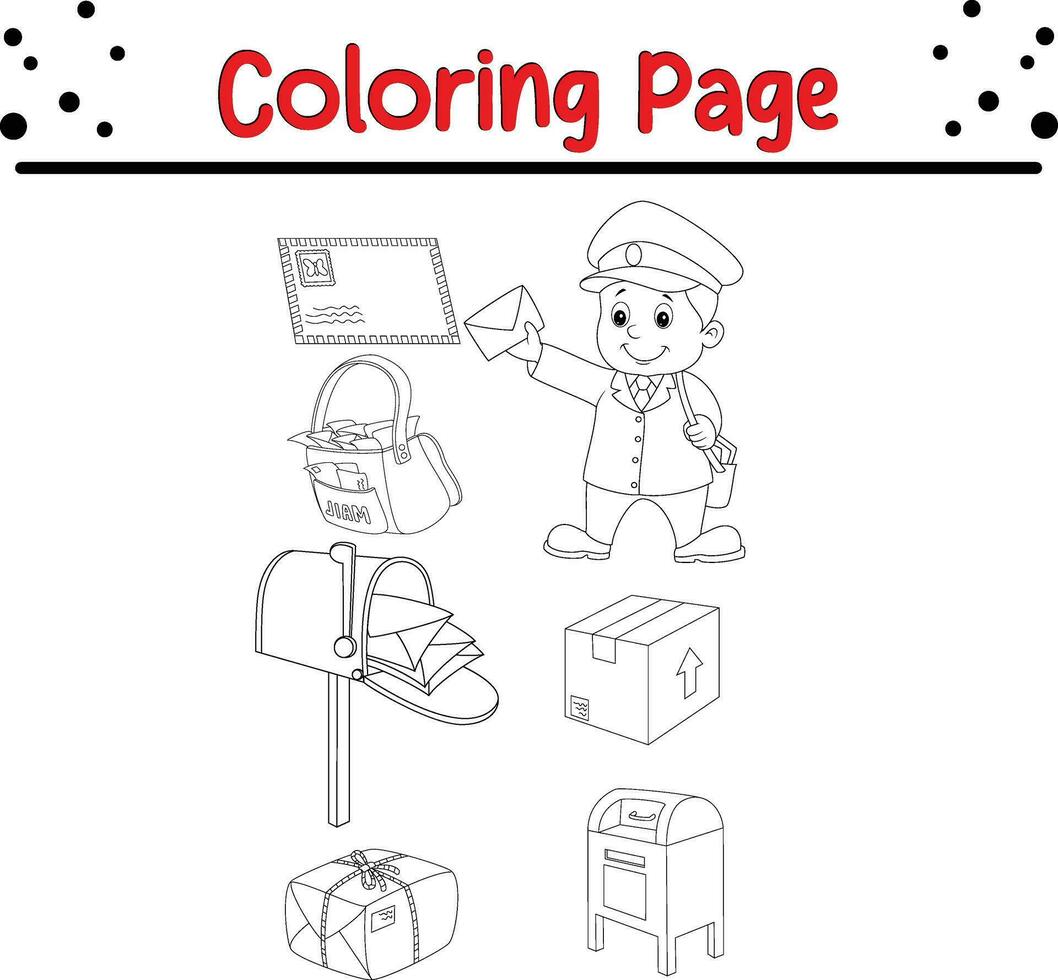 Coloring page mail carrier with bag letter vector