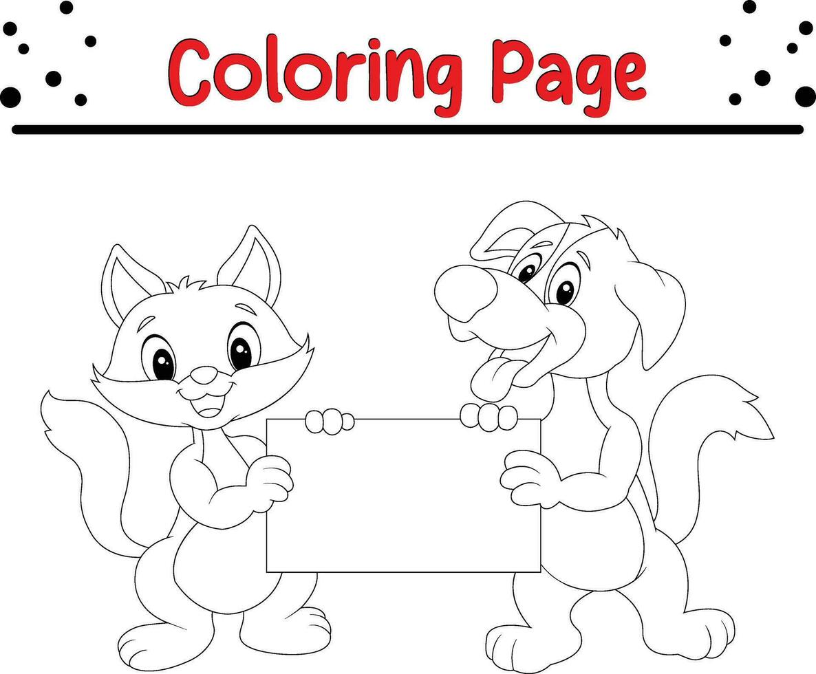 cute cat dog holding blank sign Coloring page vector