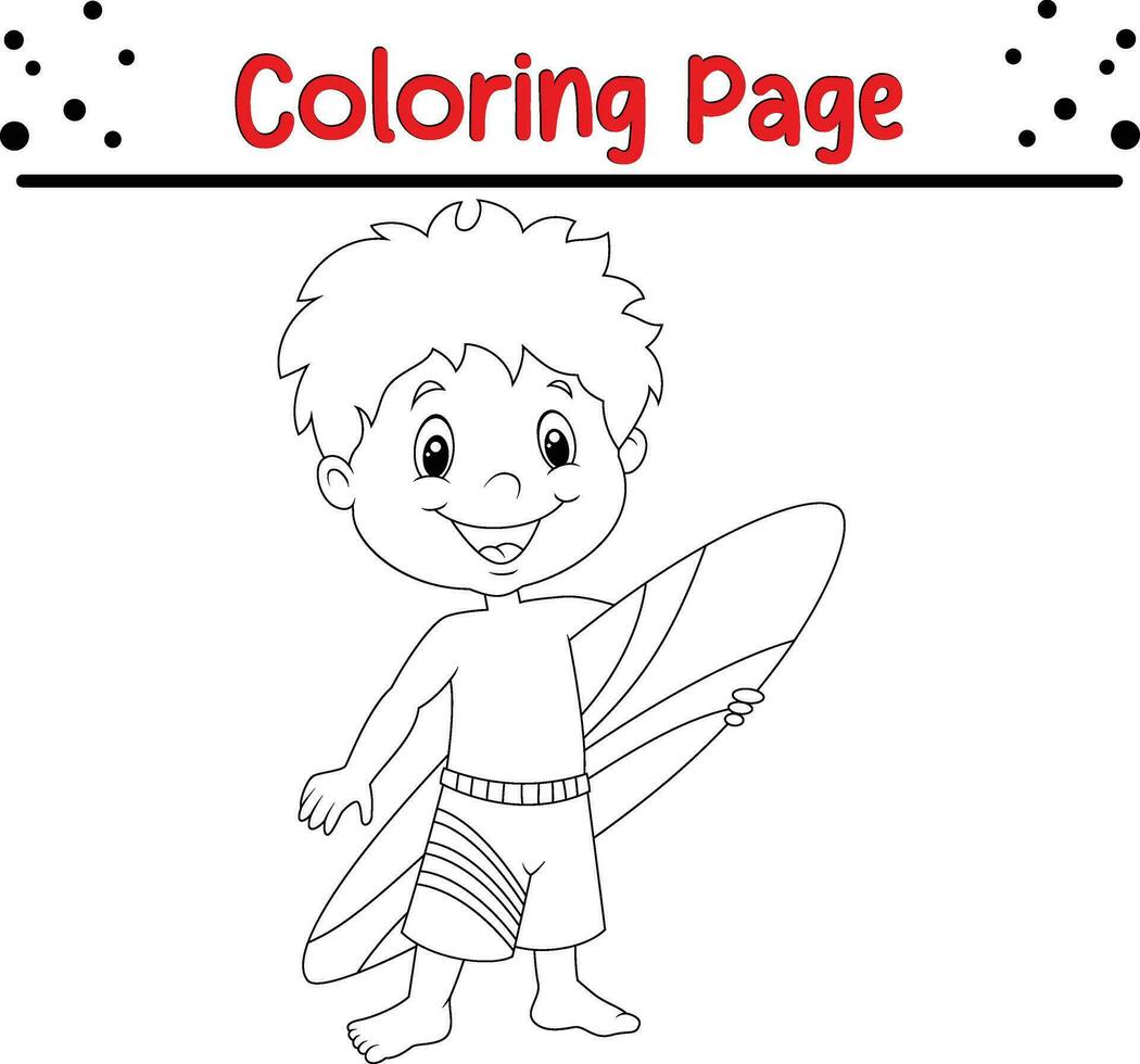 Coloring page little kid holding surfboard vector