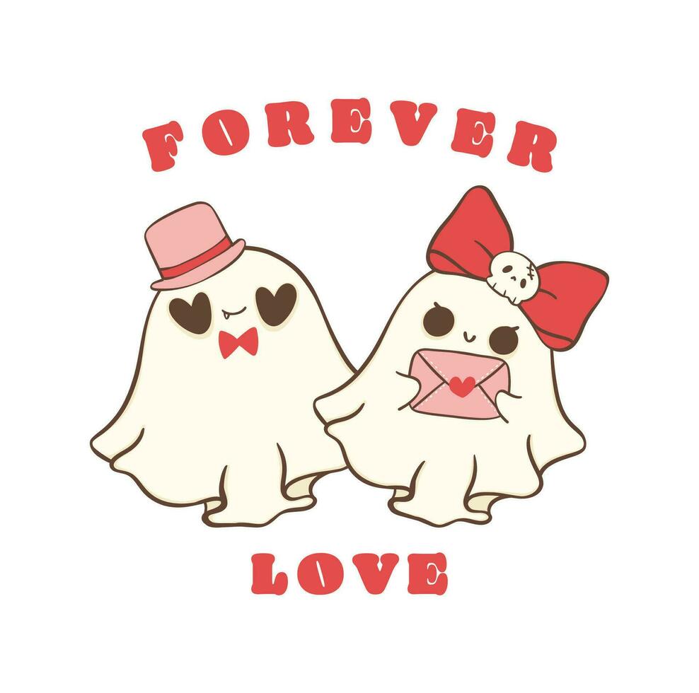 linda retro enamorado fantasma Pareja - escalofriante amor garabatear en kawaii estilo vector