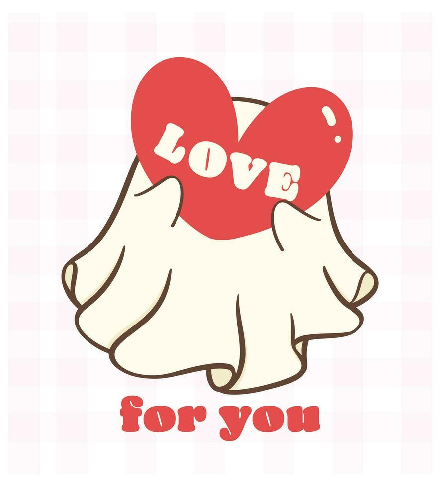 linda retro enamorado fantasma con amor corazón, kawaii enamorado escalofriante amor garabatear mano dibujo, saludo tarjeta, camisa diseño. vector