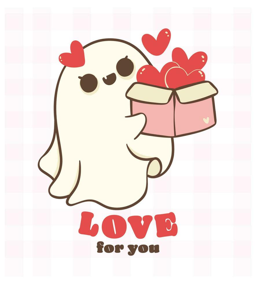 cute retro valentine ghost with love box, kawaii Valentine spooky love doodle hand drawing, greerting card, shirt design. vector