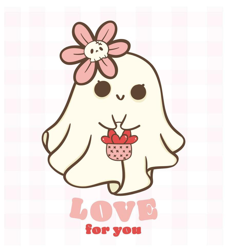 linda retro enamorado fantasma con amor corazón cesta, kawaii enamorado escalofriante amor garabatear mano dibujo, saludo tarjeta, camisa diseño. vector