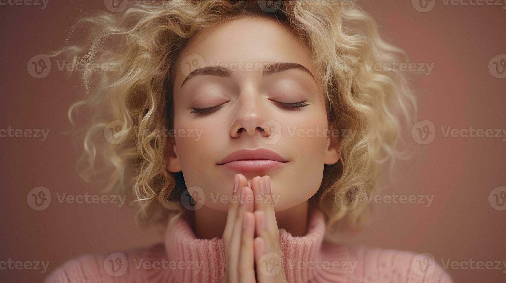 AI generated Carefree Blonde Lady Displays Pure Delight, Wearing Pink Pullover. Positivity Radiates. Happy Woman in Pink Sweater Enjoys Light Moment photo
