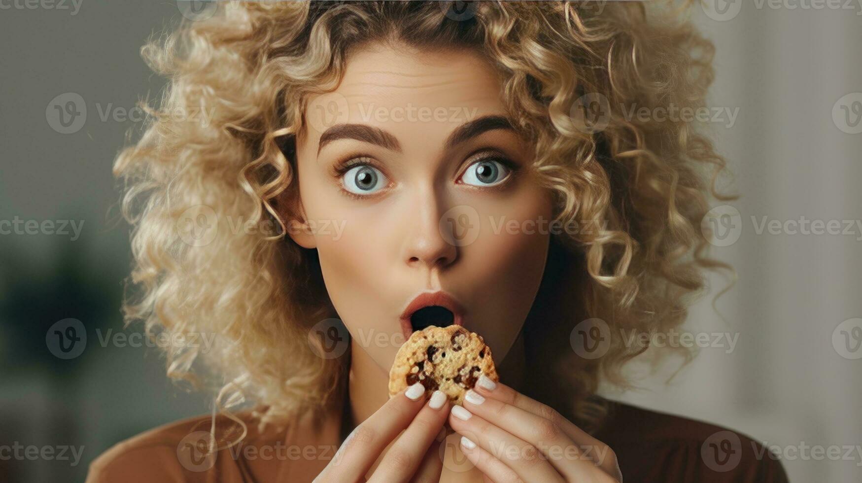 AI generated Blonde Curly Haired Woman Delighting in Chocolate Chip Cookie. Guilt-Free Pleasure. Woman Indulging in Chocolate-Loaded Cookie Treat. This kind of snack is bad for your health. photo