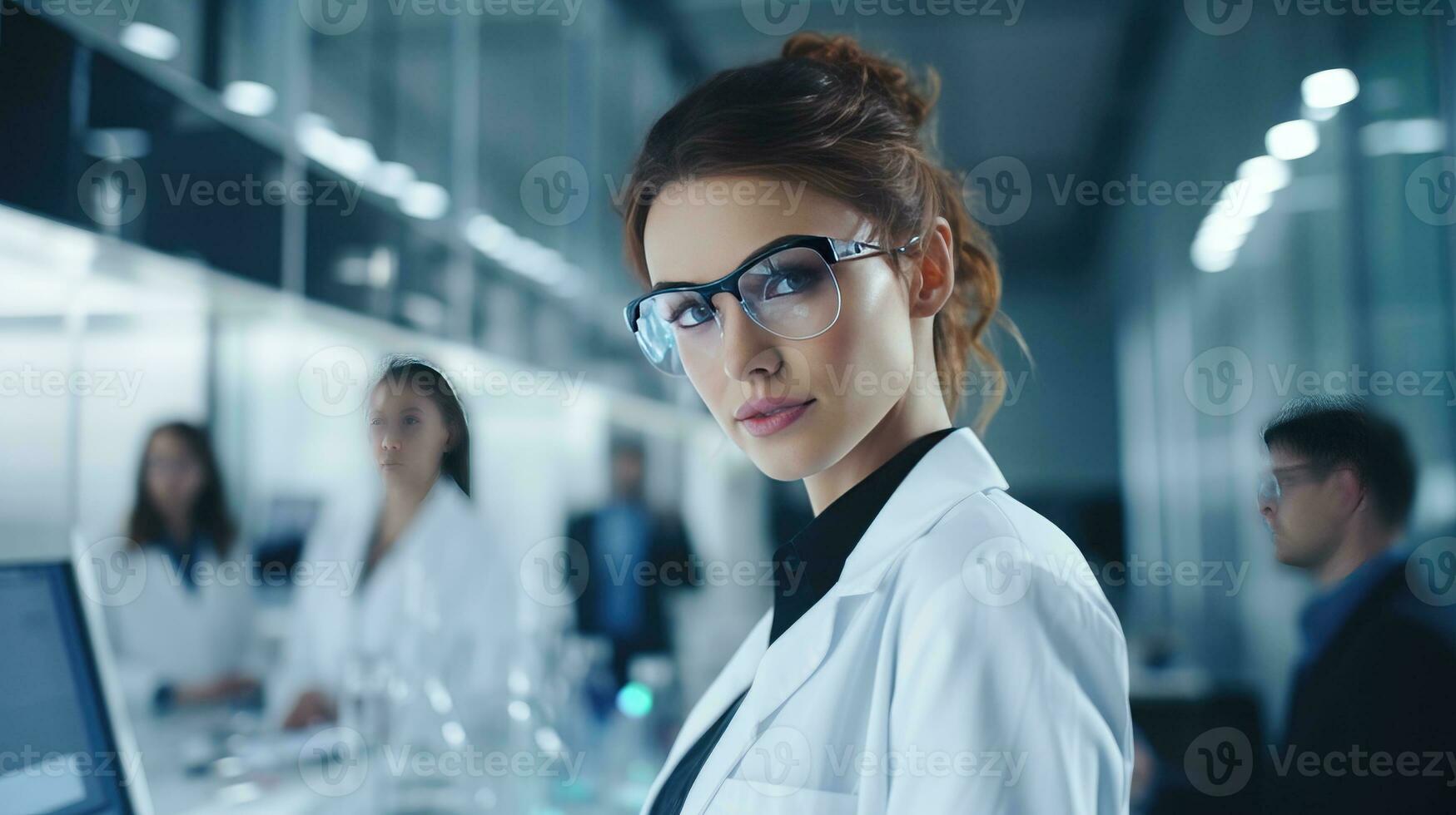 ai generado profesional diversidad. mujer en tecnología, de emprendedor atmósfera, de cuello blanco estilo de vida, científico en moderno laboratorio con especialista equipo, lugar de trabajo dinámica concepto. foto