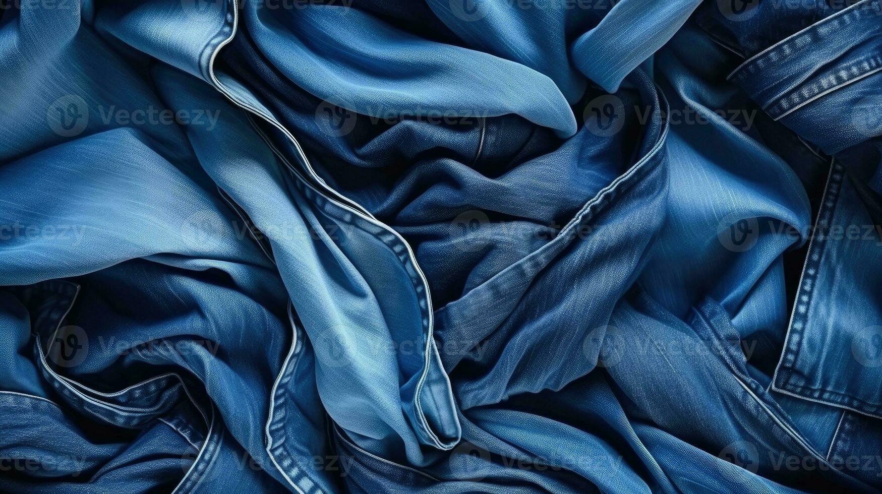 AI generated Variety of crumpled blue jeans. Top view to stack of jeans denim. Top View Stack of Crumpled Blue Jeans, Assorted Denim Background. Clothing Variety and Textured Folded Denim Display photo