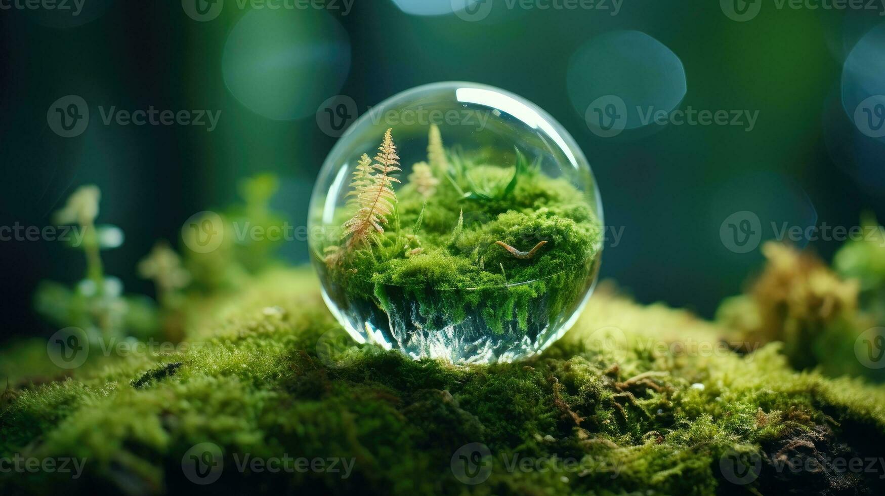 AI generated Crystal globe placed on moss. ESG icon. Concept for environment. Society and Governance sustainable global environment concept photo