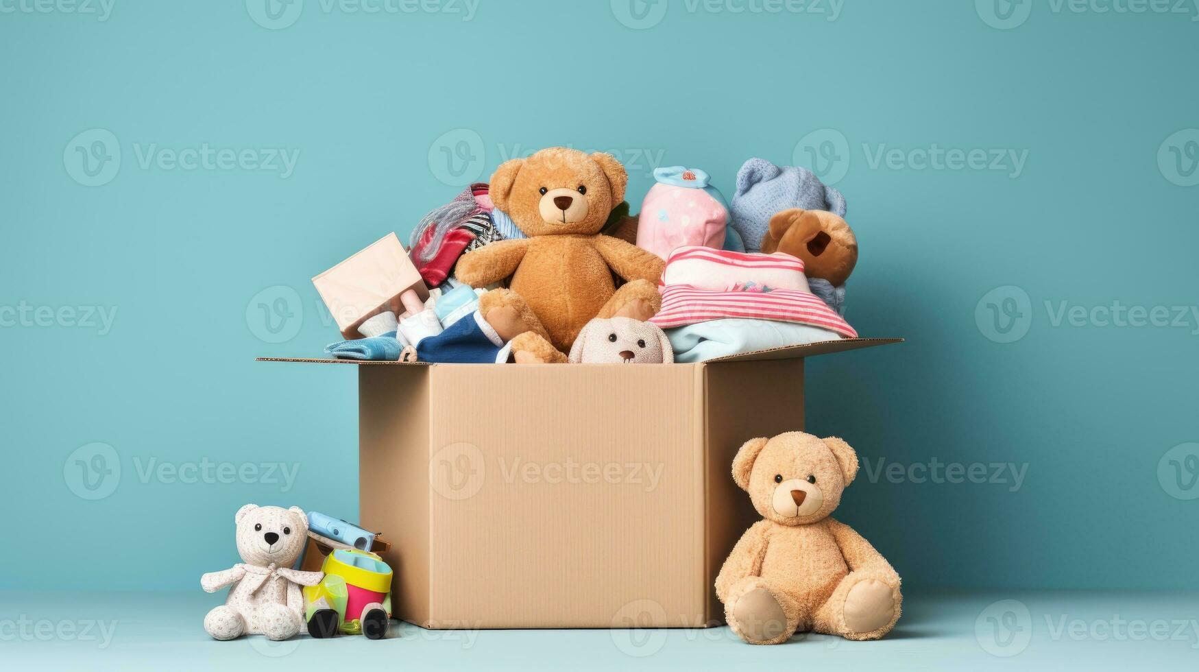 AI generated Charitable Donations Box. Toys, Books, Clothing for Aid, Top View on Light Blue. Supporting Low-Income Families, Decluttering, Online Sale, or Relocation Assistance photo