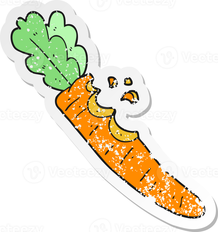 retro distressed sticker of a cartoon bitten carrot png