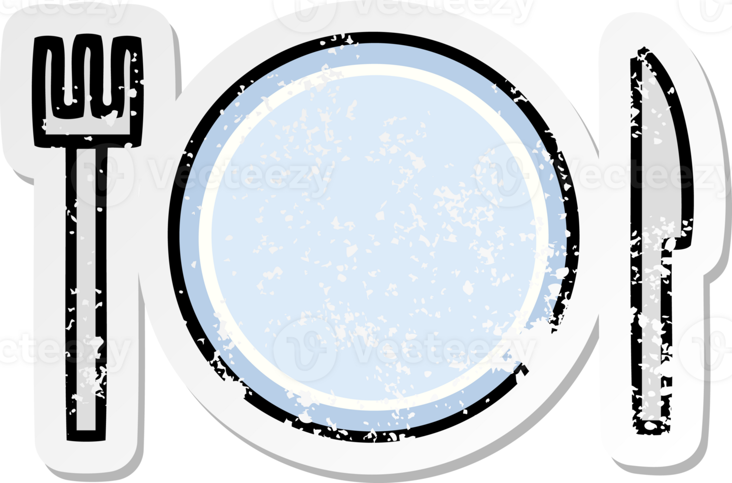 distressed sticker of a cute cartoon plate and cutlery png