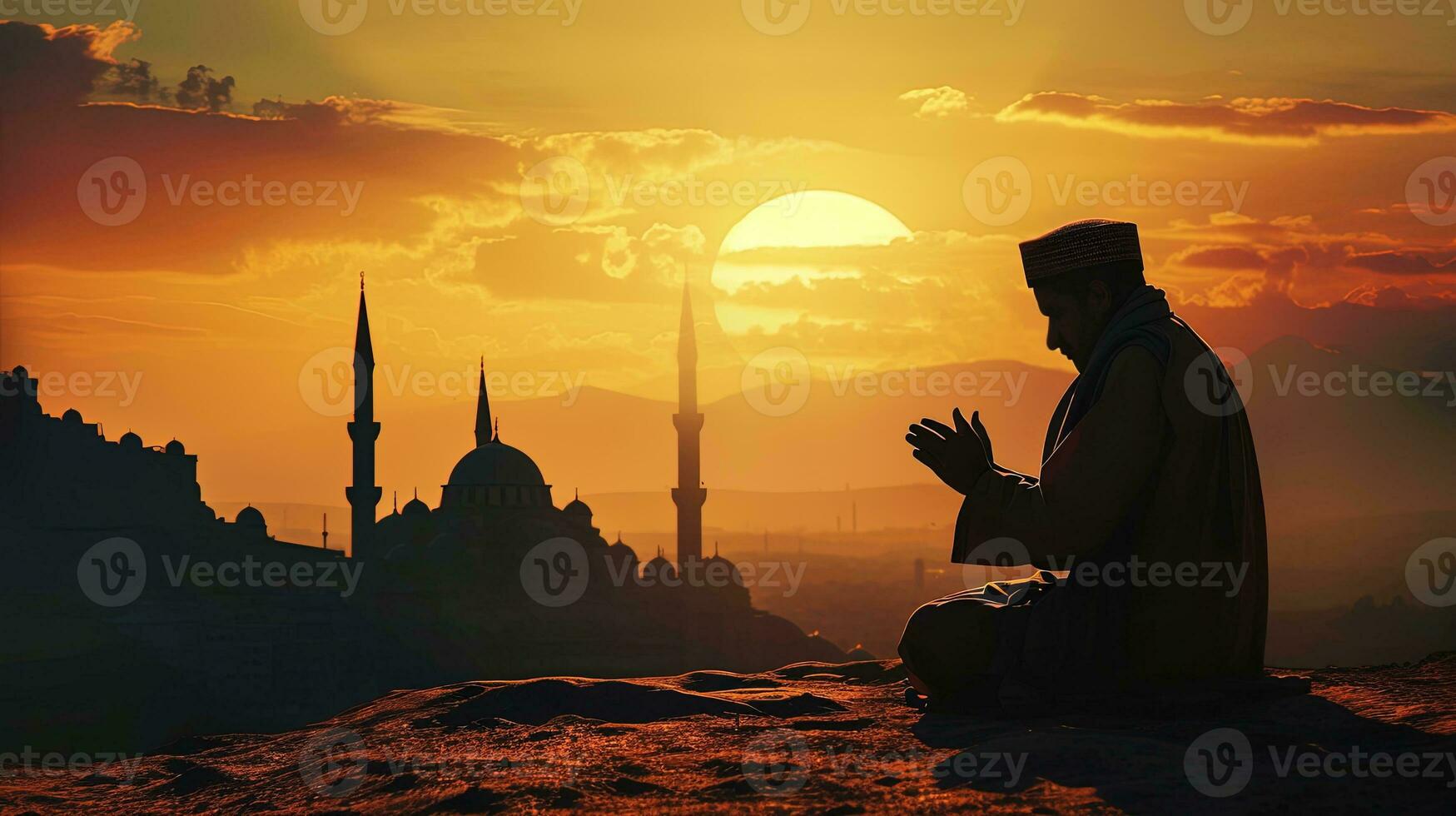 AI generated Muslim man praying at sunset in the mountains, ai generative photo