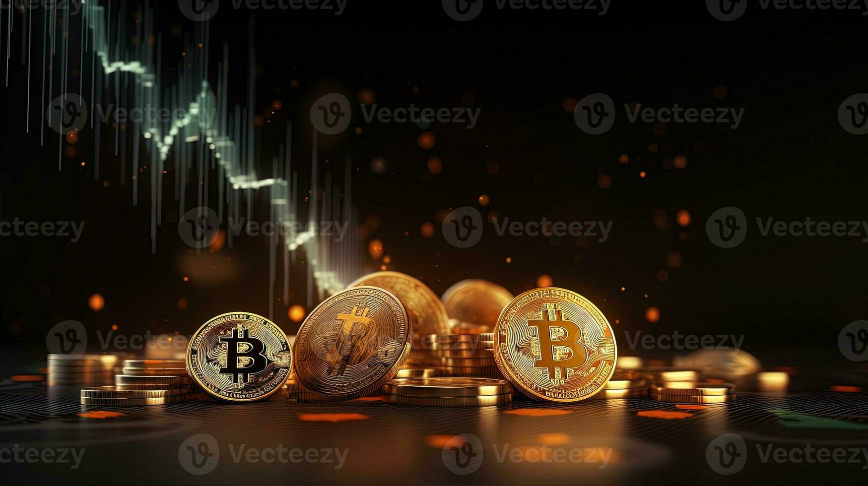 AI generated 3d rendering of golden bitcoin coins and candlestick chart background, ai generative photo