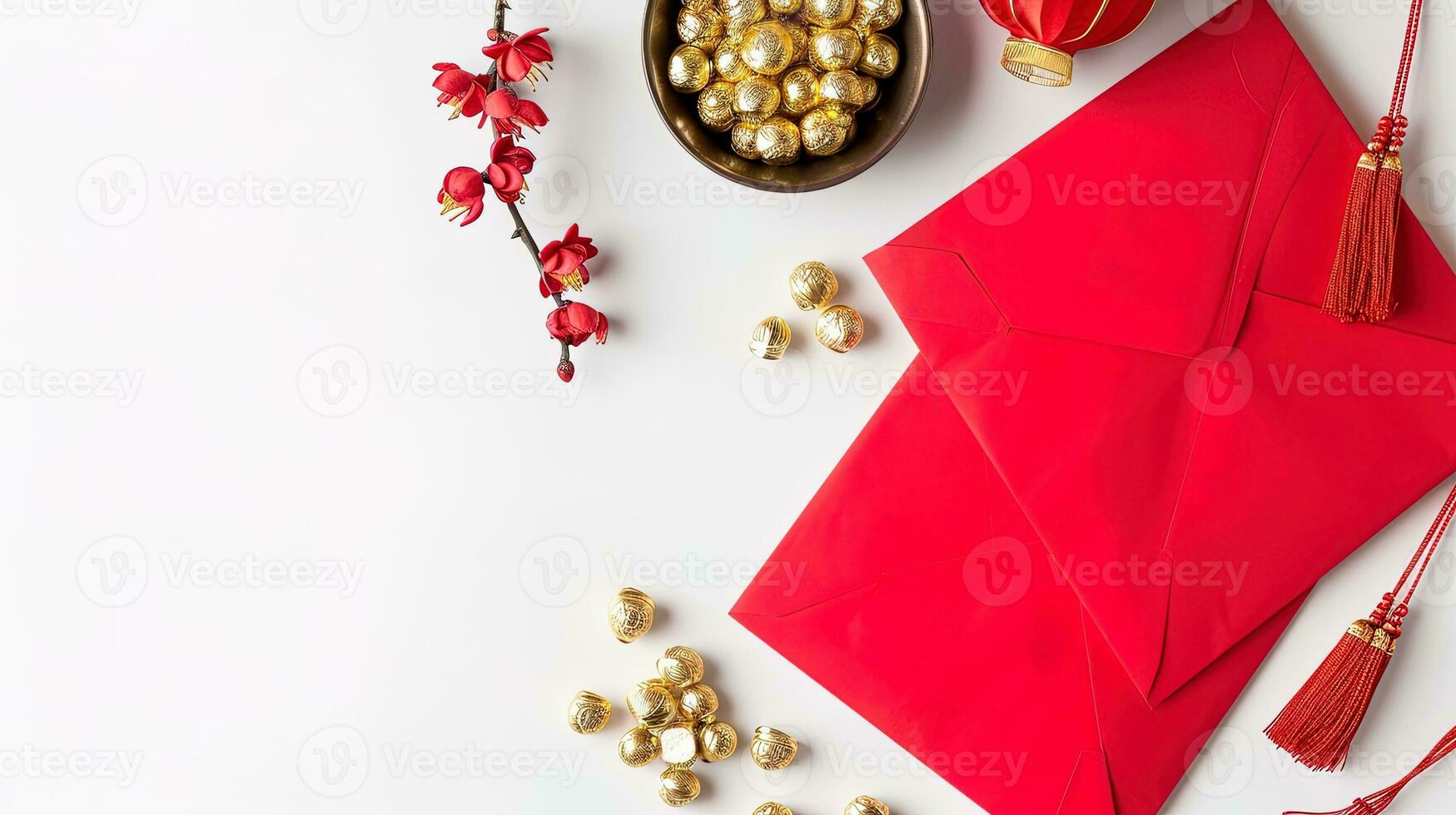 AI generated Chinese New Year decoration with red envelope, gold ingots and red envelopes on white background. AI generative photo