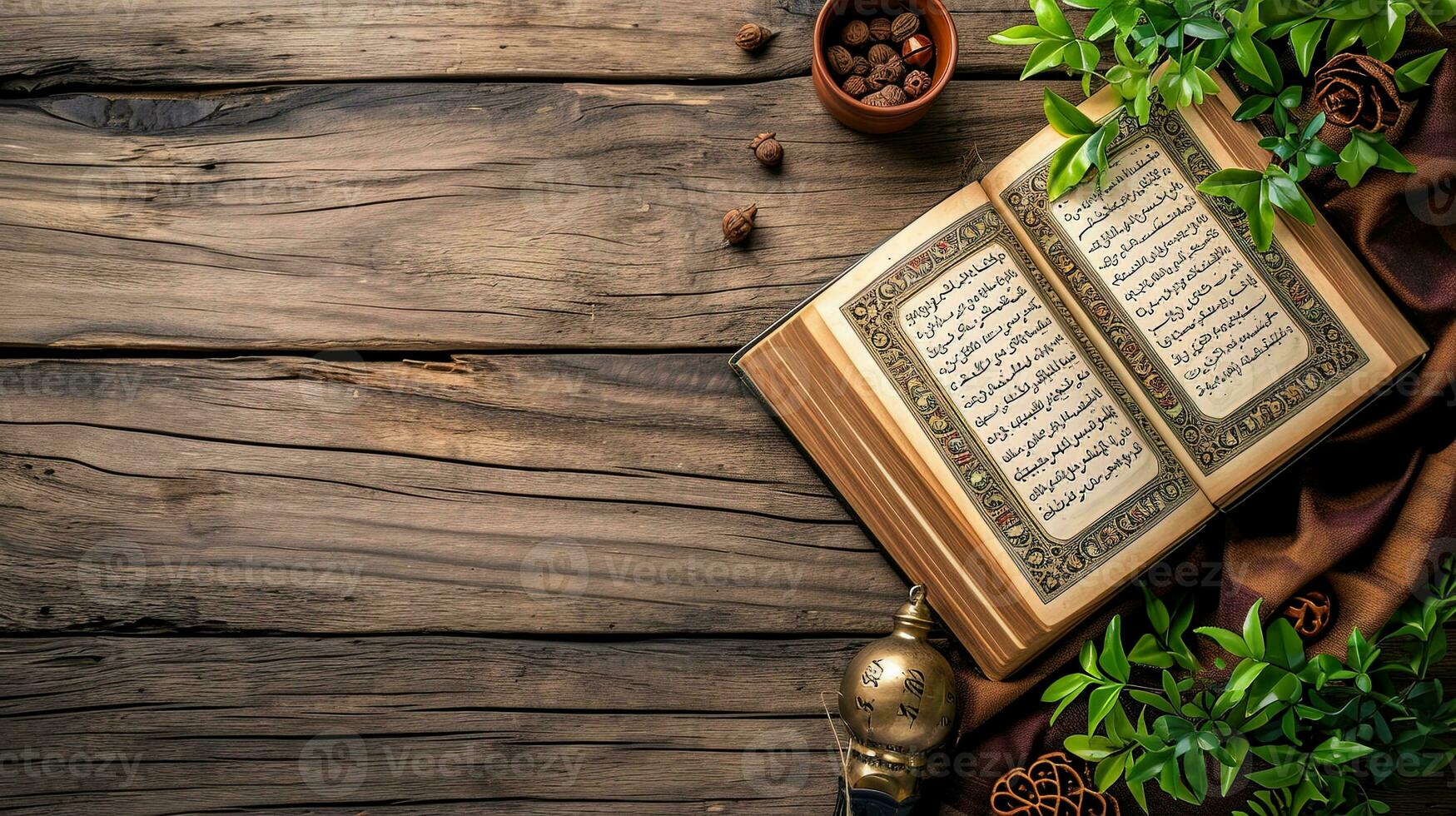 AI generated Top view of al quran on wooden table, ai generative photo