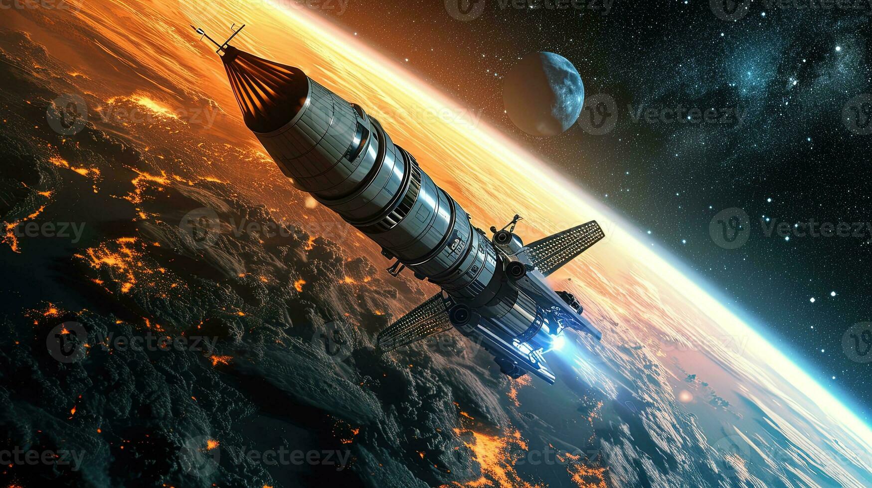 AI generated Spaceship in space. Science fiction art. 3D rendering, ai generative photo