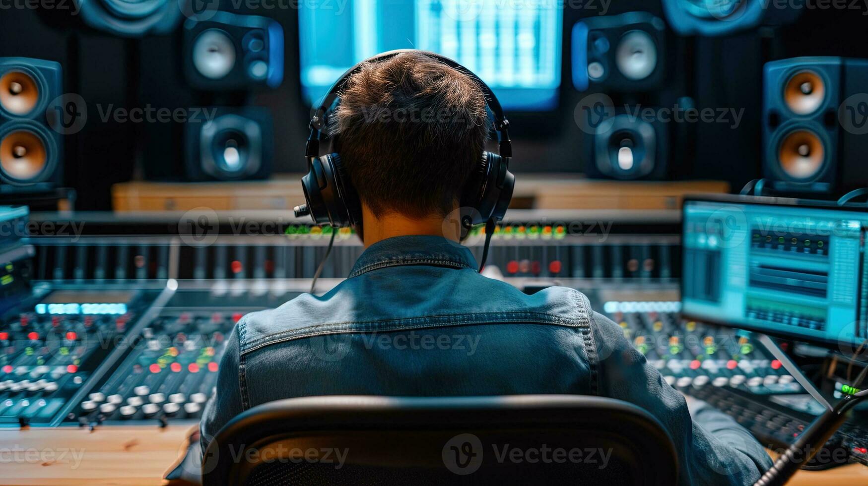 AI generated Sound engineer working in recording studio, rear view of a young man wearing headphones. AI generative photo