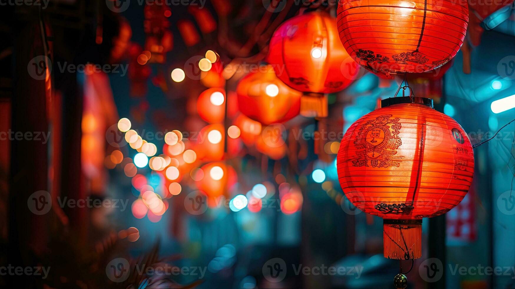 AI generated Chinese lanterns for Chinese New Year in the old town, ai generative photo