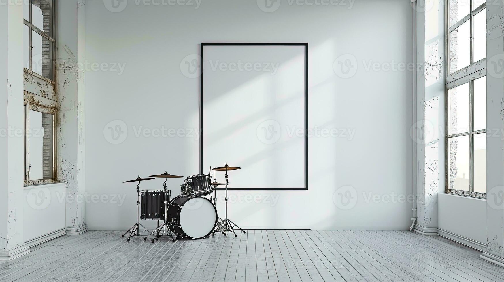 AI generated 3d render of drum kit in white room with empty poster on wall, ai generative photo