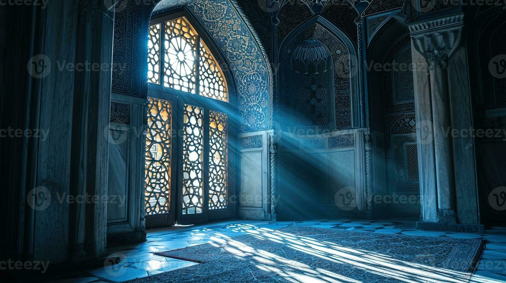 ai generado interior de el mezquita a noche con hermosa ligero y sombra, ai generativo foto