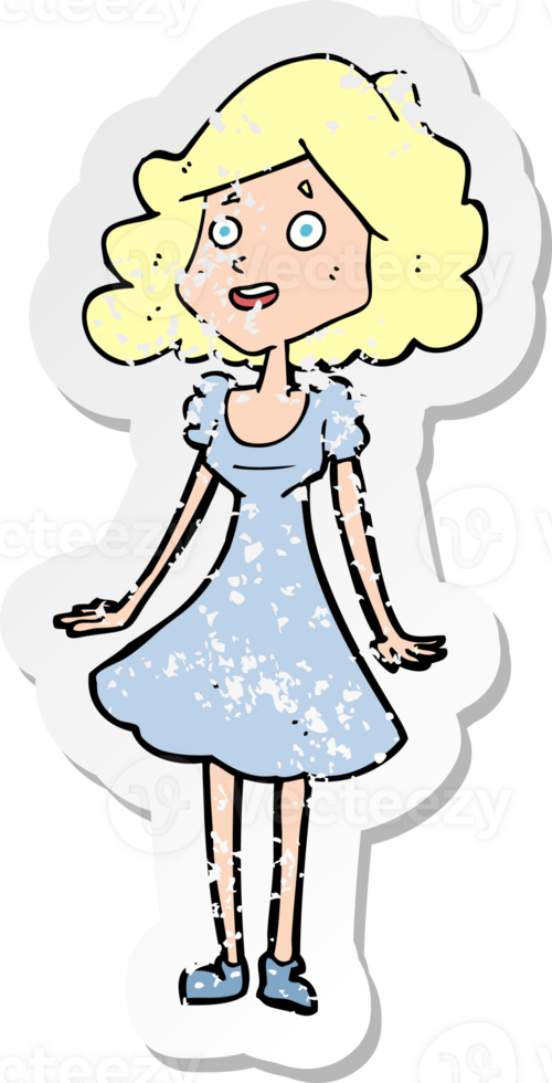 retro distressed sticker of a cartoon happy woman in dress png