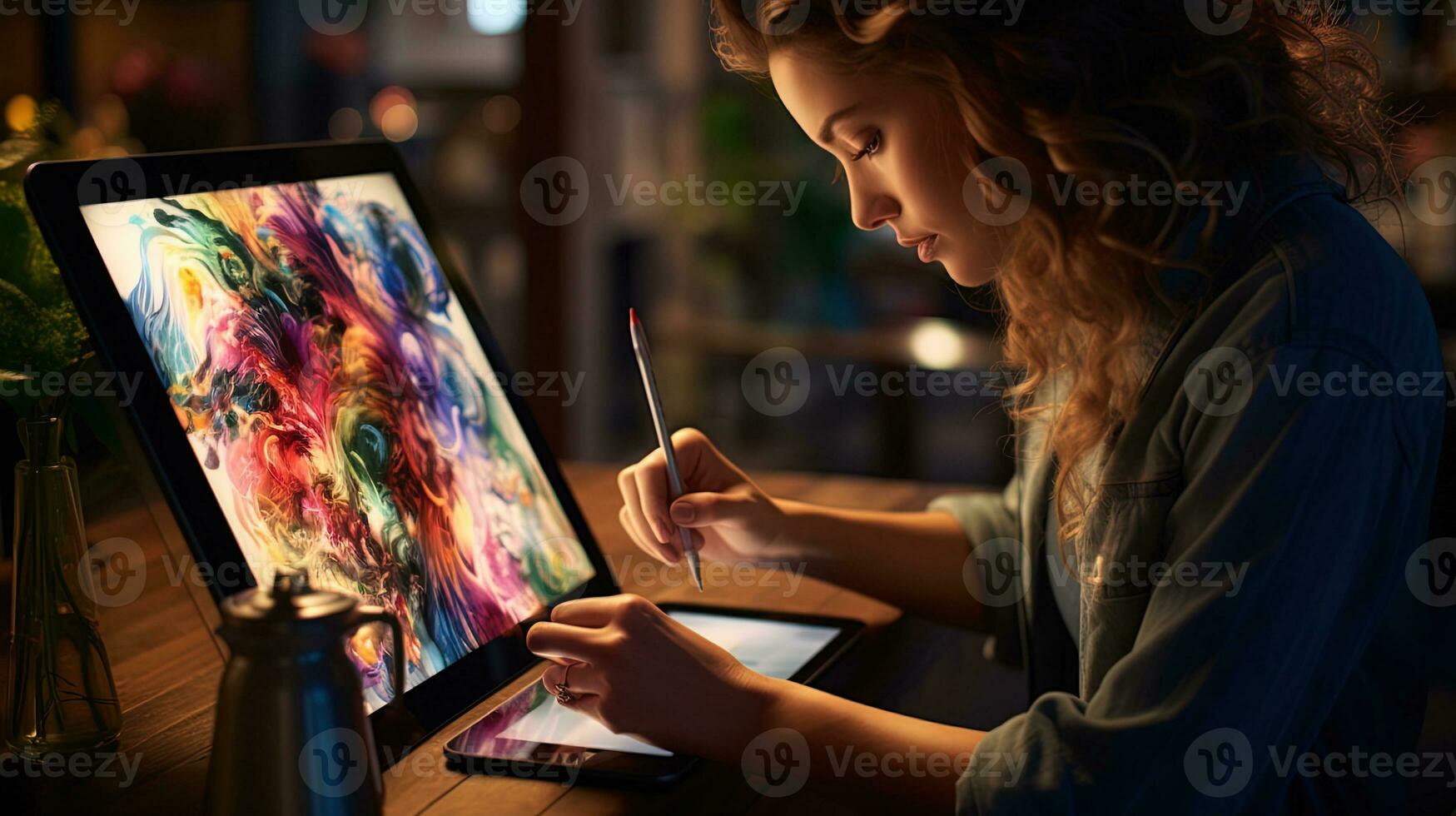 AI generated A woman uses a stylus pen to edit images on a tablet computer, ai generative photo