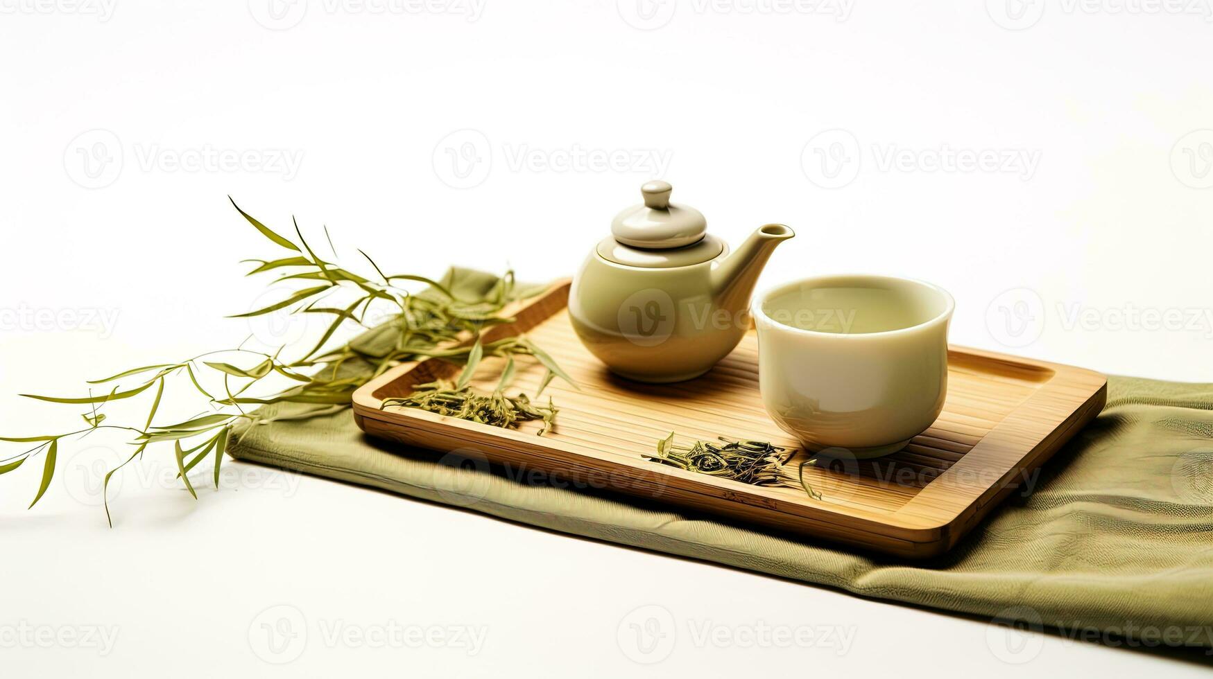 AI generated Tea ceremony with teapot and green tea leaves on white background, ai generative photo