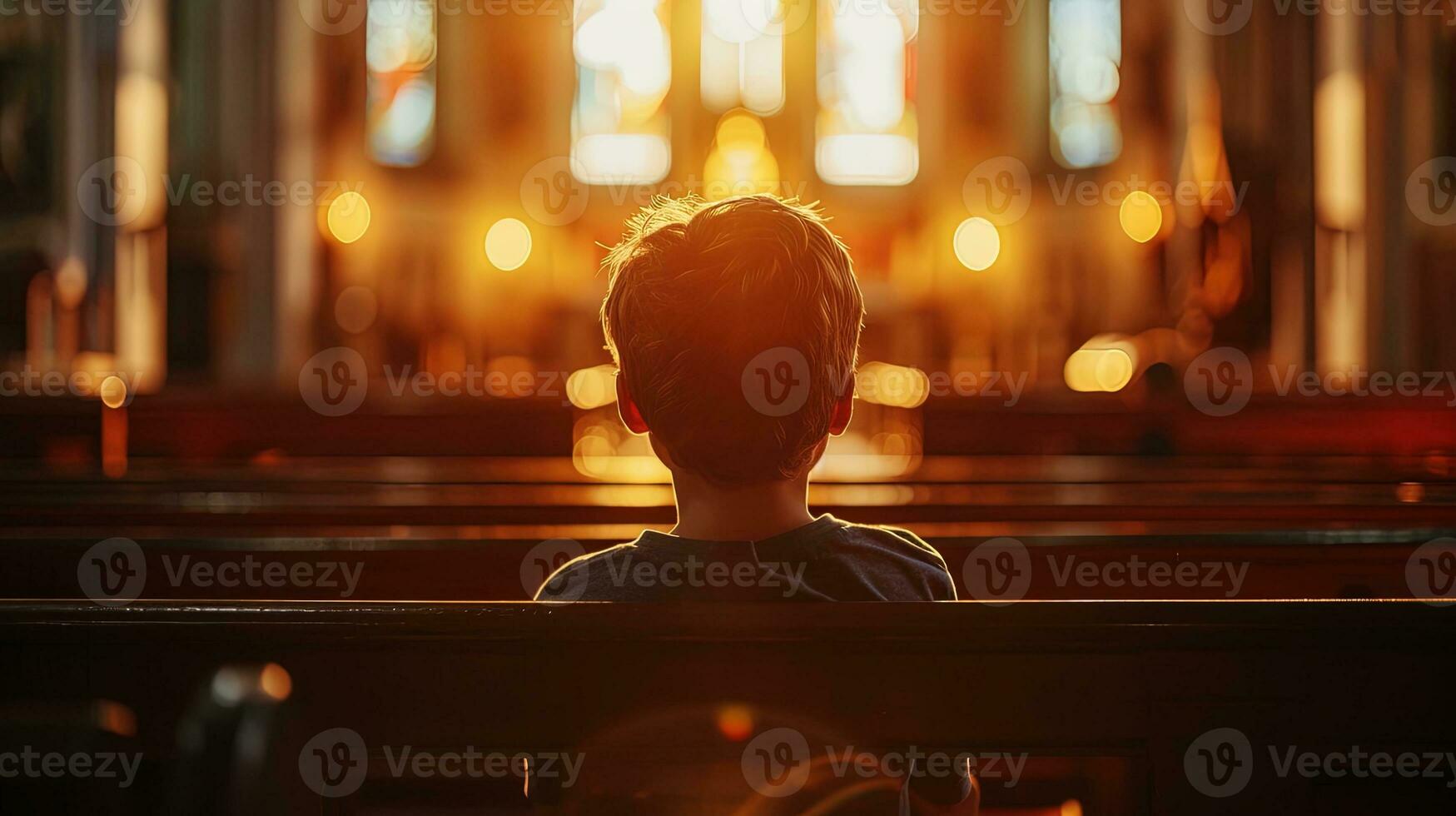 ai generado pequeño chico Orando en Iglesia espalda vista. cristiano religión concepto. ai generativo foto