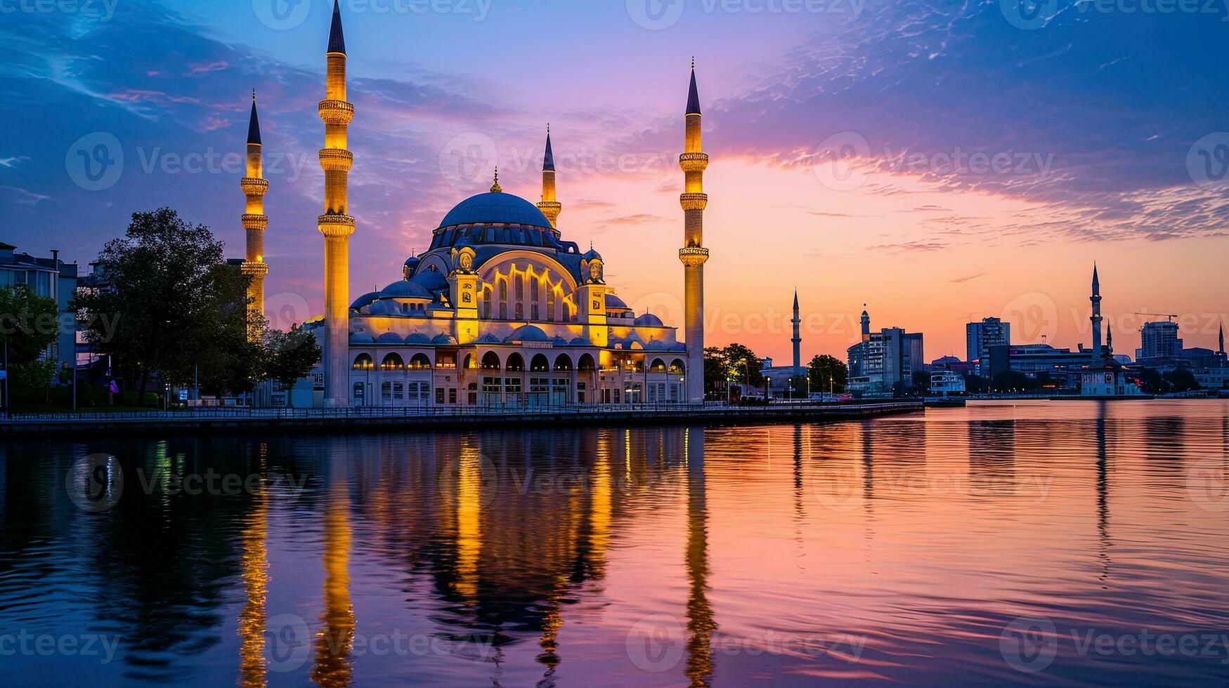 AI generated Sunset view of Mosque with reflections, ai generative photo
