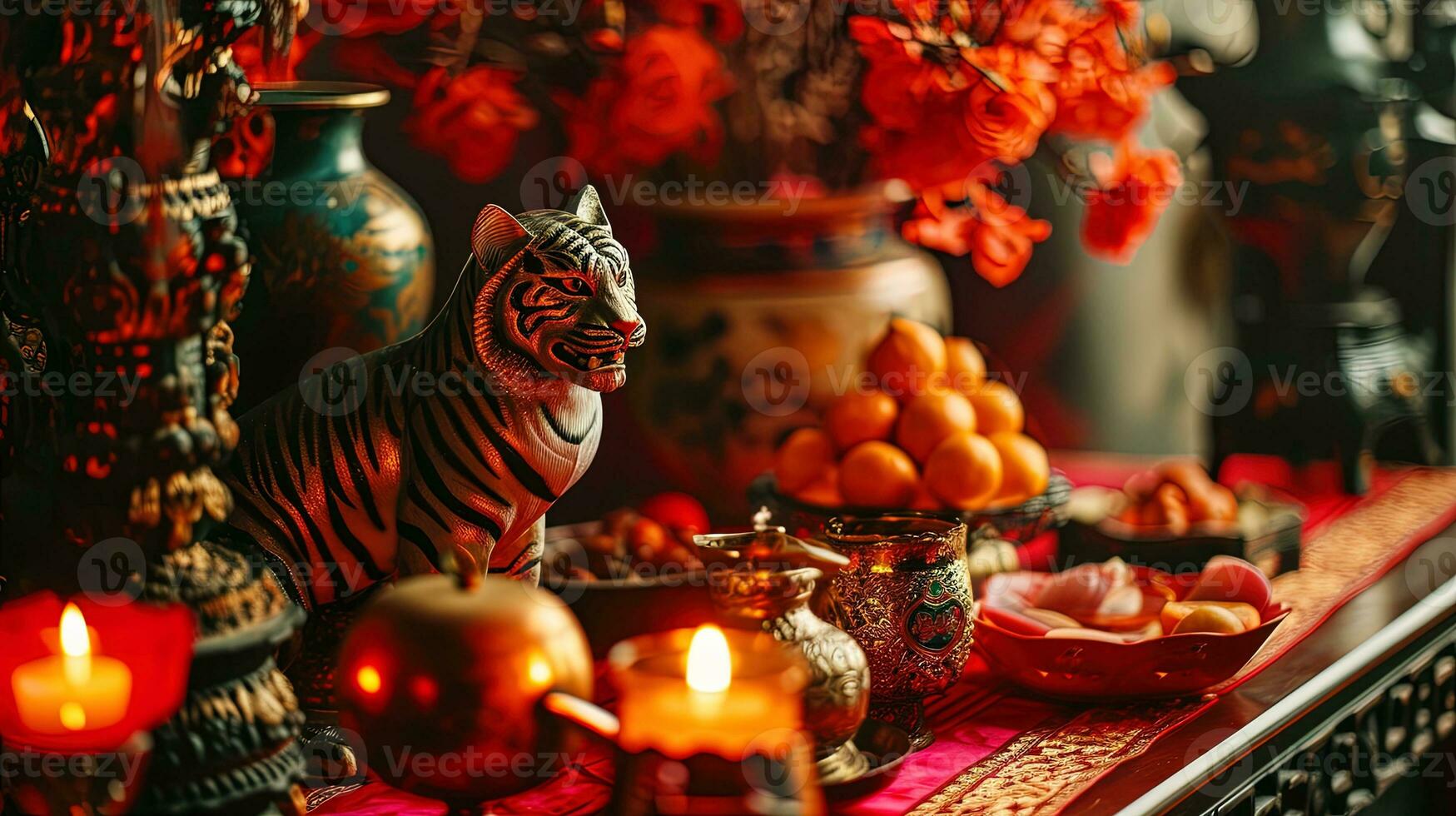 AI generated Chinese New Year decoration with tiger and mandarins, ai generative photo