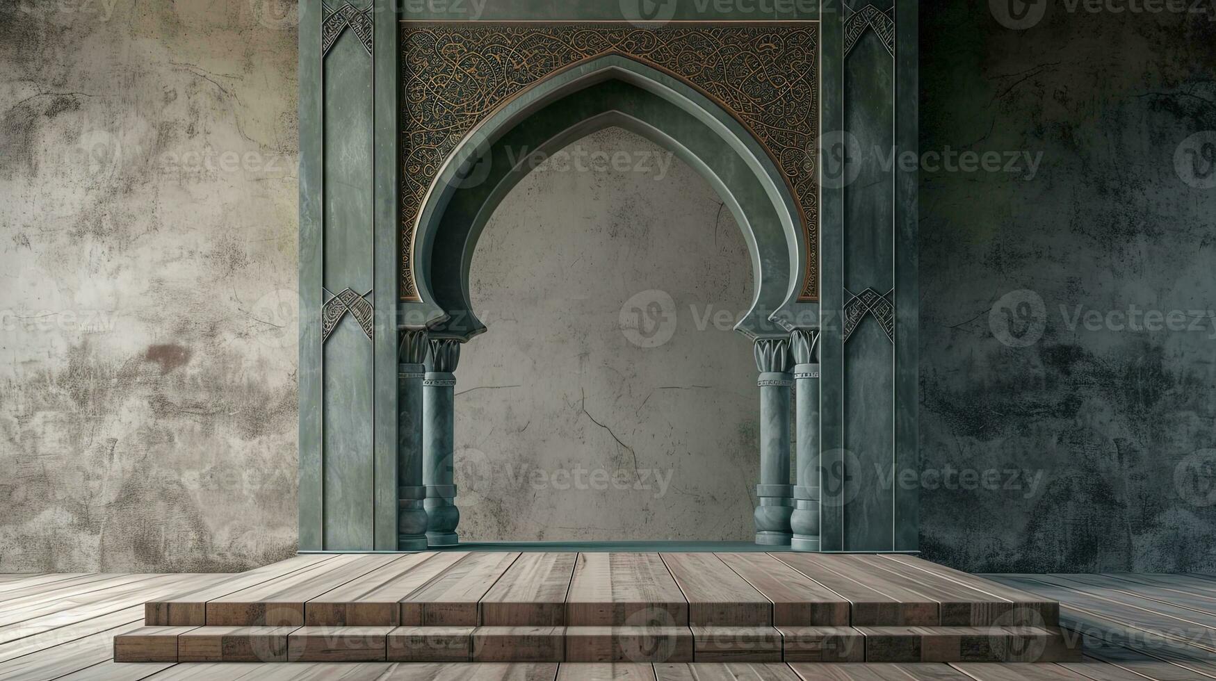 AI generated 3d rendering of islamic interior with wooden floor and wall, ai generative photo