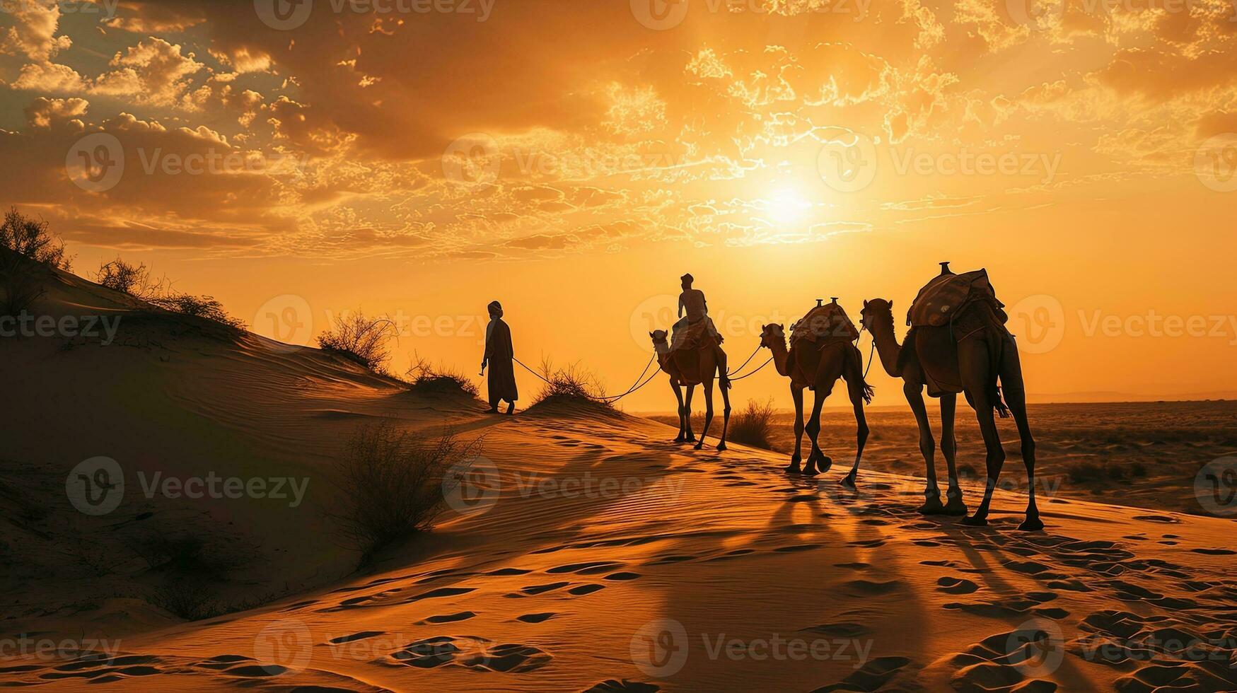 AI generated Silhouette of camel caravan in the Sahara desert at sunset, Morocco. AI generative photo