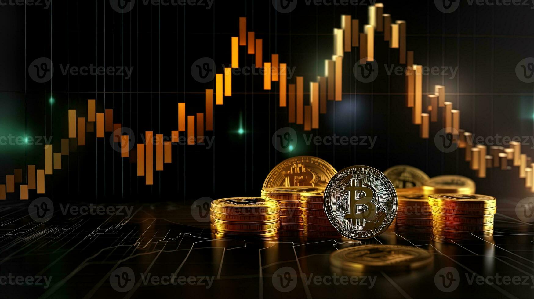 AI generated 3d rendering of golden bitcoin coins and candlestick chart background, ai generative photo