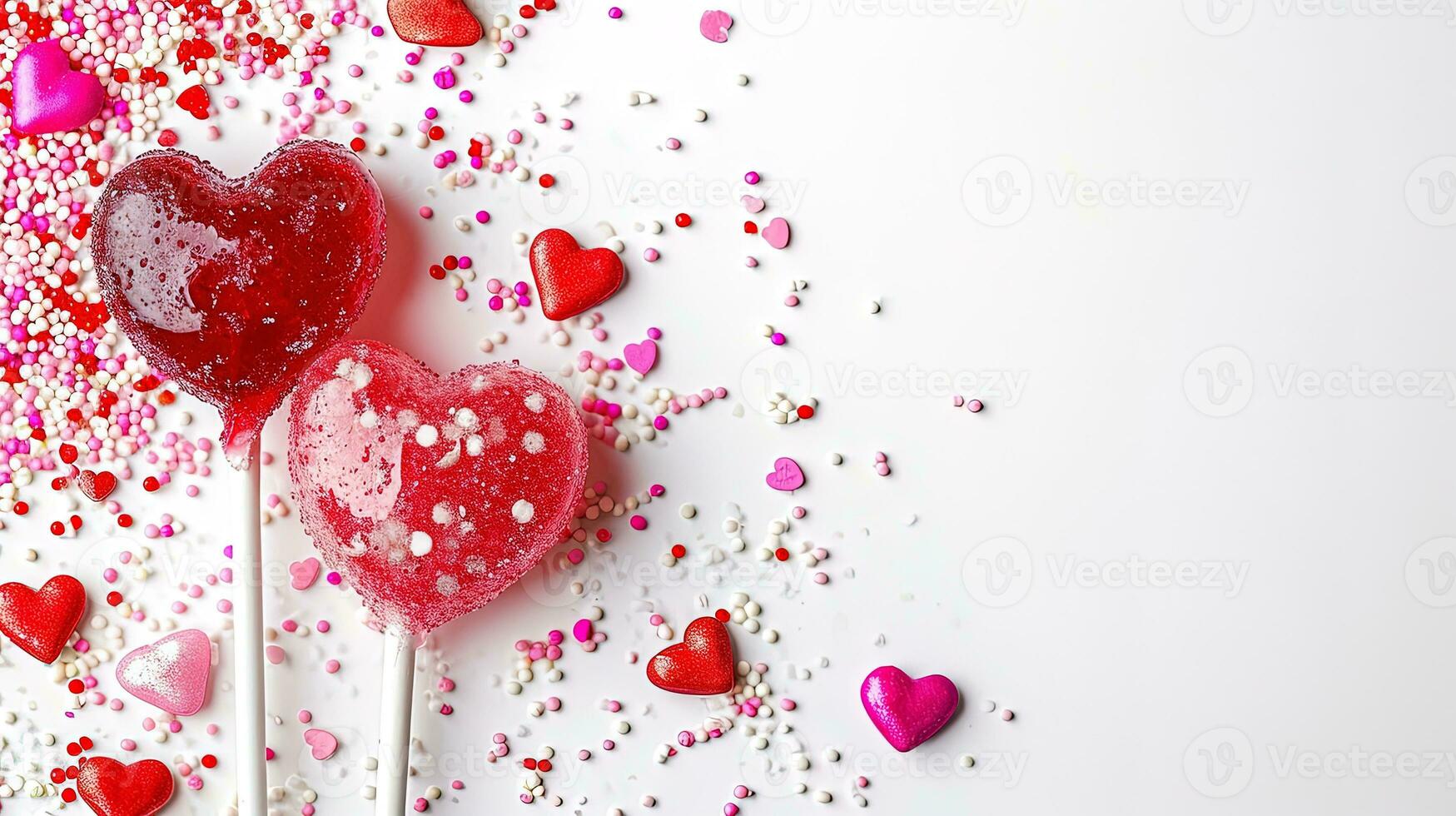 AI generated Heart shaped lollipops and confetti on white background, ai generative photo