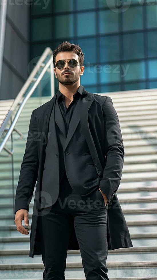 AI generated Businessman in black suit and sunglasses standing on stairs near office building, ai generative photo