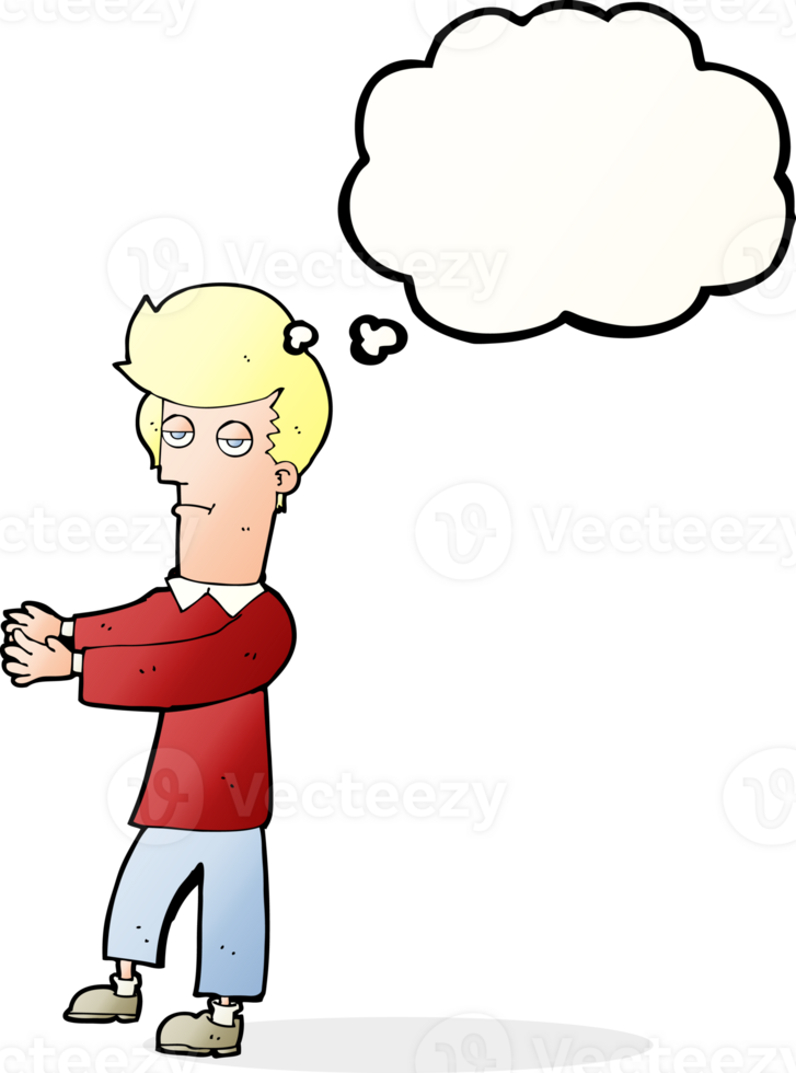 cartoon bored man showing the way with thought bubble png