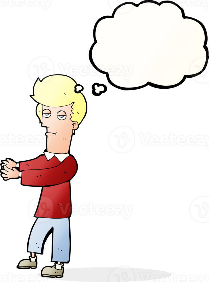 homem entediado dos desenhos animados, mostrando o caminho com balão de pensamento png