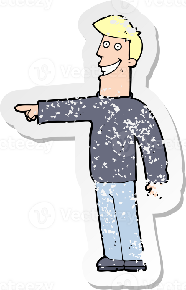 retro distressed sticker of a cartoon pointing man png