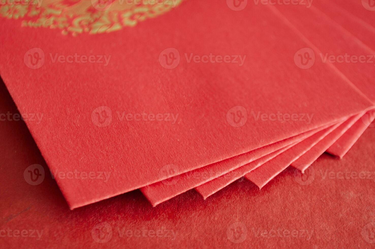 Top and close up view of Chinese New Year red packets. photo