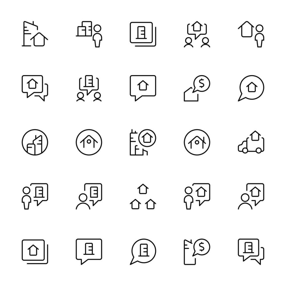 Real Estate thin line icons. Real estate symbols set. Home, House, Agent, Plan, Realtor, realty, property, mortgage, home loan icons set. Vector illustration. can be used for web, logo, UI, UX, app.